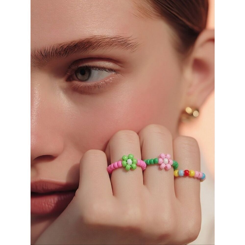 Pastel Daisy Beaded Stretch Ring Stack Set of 3 Cute Boho Adjustable Playful